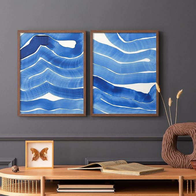 Renditions Gallery Set of 2 Peel & Stick Framed Prints, Watercolor Abstract Wall Art, Bold Brushstrokes in Shades of Blue Wall Decor, Re-Stickable - Ready to Hang - 8"x10" - Walnut Frame LT588
