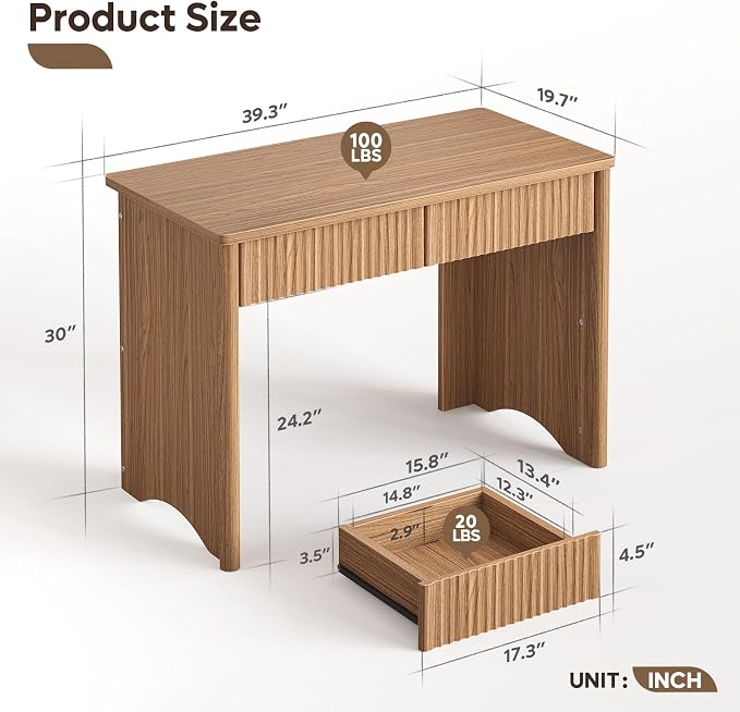 Bestier 40 Inch Fluted Wood Computer Desk with Drawers, Modern Home Office Desk, Compact Writing Desk, Laptop PC Desk for Bedroom, Studio, Study Room, Small Space & Dorm