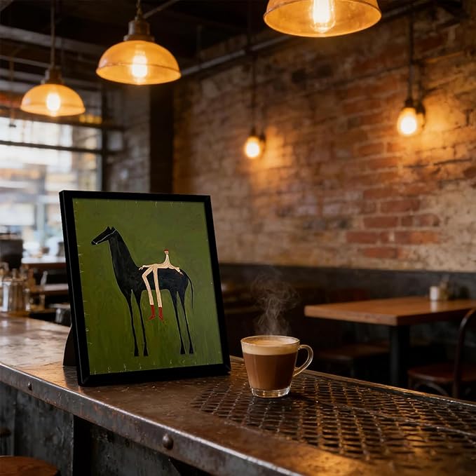 Abstract Horse Wall Art with Wooden Frame – Vintage Surreal Horse and Figure Painting, Olive Green Textured Minimalist Artwork, Retro Modern Framed Wall Decor Print 12×16 Inch