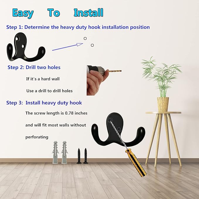 3 Pack Black Double Prong Coats Towel Hooks For Bathrooms Wall Mounted Shower Rustproof, 1.37 Oz Retro Wall Hooks Heavy Duty Hanging Towels Coat Hat Loofah Robe Key Scarf Bag Cap Kitchen Accessories