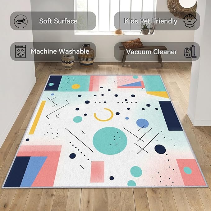 50s Rugs for Living Room 5x7, Mid Century Retro Geometric Abstract Modern Colorful Pattern Design Area Rug, 50s Bedroom Decor Carpet, Non Slip, Washable (RG684)
