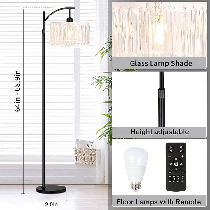 ILLMTW Arc Floor Lamp for Living Room,Bedroom,Glass Standing Lamp with Remote Dimmable,Mid Century Modern White Tall Floor Lamps Boho Black Vintage Floor Light Bohemian