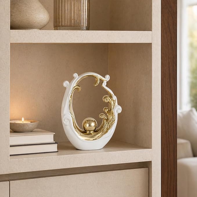 Abstract Ceramic Sculpture, White and Gold Modern Tabletop Statue Wave-Inspired, for Home Decor, Decorative Accent for Shelf, Mantel, Coffee Table, Console or Entryway