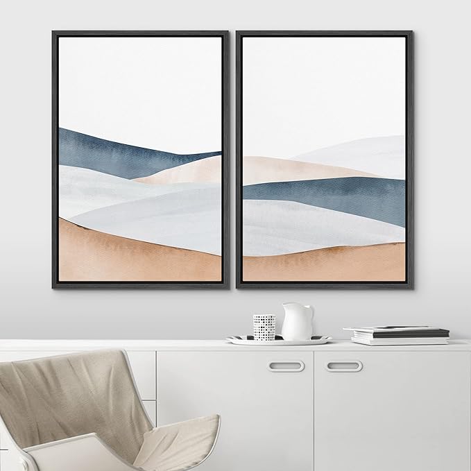 IDEA4WALL Framed Canvas Print Wall Art Set Pastel Watercolor Mountain Valley Landscape Nature Wilderness Illustrations Modern Art Scenic Colorful for Living Room, Bedroom, Office - 16"x24"x2 Black