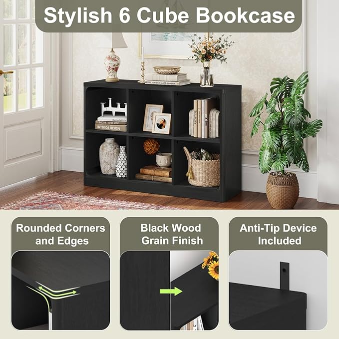 FATORRI 6 Cube Storage Bookcase, Rustic Wood Horizontal Bookshelf with Rounded Corners, Low Cube Organizer Shelf for Living Room, Bedroom, Office (Black, 43 Inch)