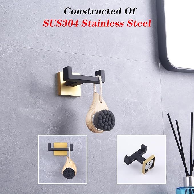 GERZWY Stainless Steel Coat/Robe Clothes Hook for Bath Kitchen Modern Hotel Style, Bathroom Double Towel Hook Wall Mounted (Black & Gold) AG1407B-BD