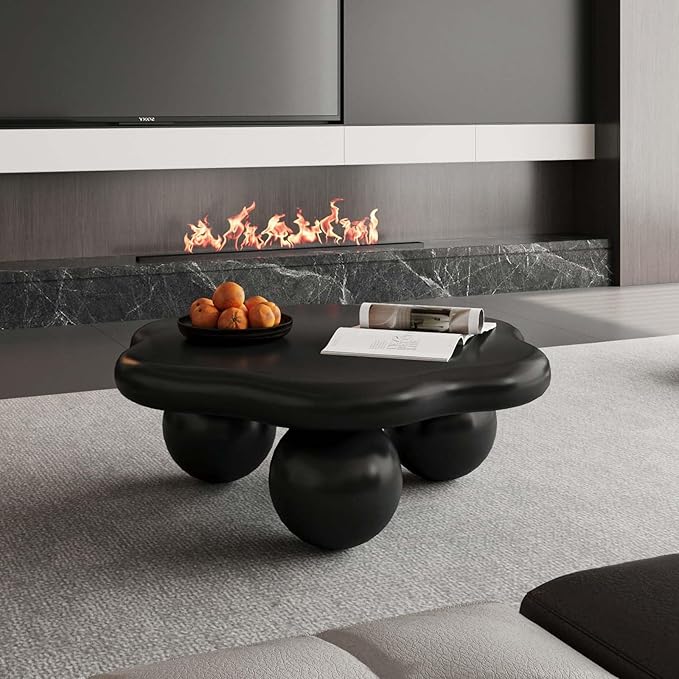 35" Modern Coffee Table Petal Shape Low Center Table Cute Irregular Indoor Tea Table with 3 Ball Legs for Living Room Apartment