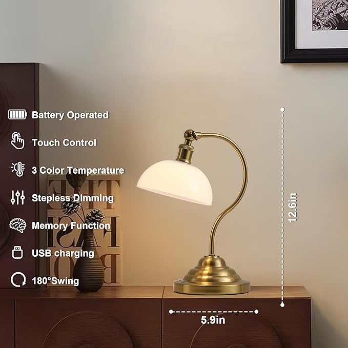 Cordless LED Table Lamp Set of Two, Swing Arm Desk Lamp, Battery Operated,Dimmable/3 Color,Modern Rechargeable Table Light for Living Room,Bedroom,Bedside, White Glass Shade, Brass