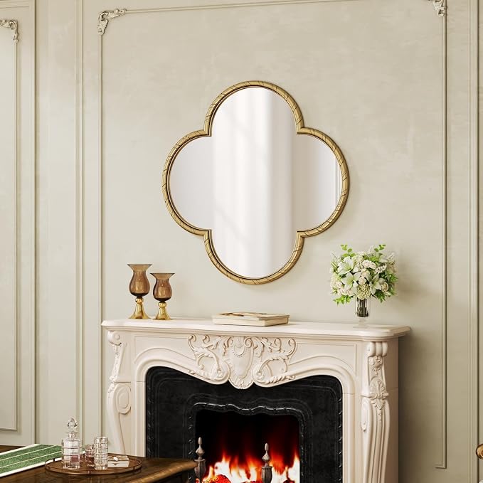 Vintage Wall Mirror Decor - 31.5" Large Antique Retro Gold Four-Leaf Clover Mirror with Rope-Like Frame, Wall Decorative Mirrors for Living Room, Bedroom, Fireplace, Bathroom