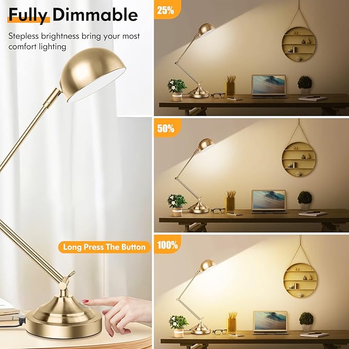 TOBUSA Architect Gold Desk Lamp Dimmable with USB Port, Adjustable Touch Control Vintage Desk Lamp 3 Color Modes, Brass Metal Desk Lamp Retro Style Reading Light for Home Office Desk Bedside Table