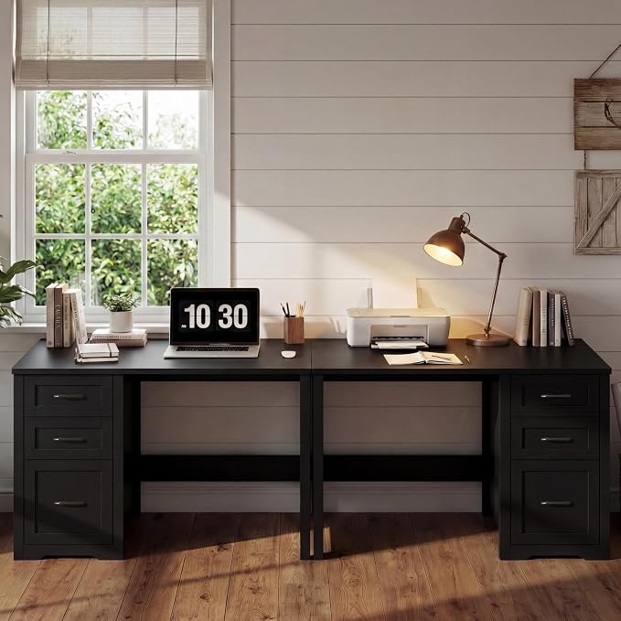 Vabches Farmhouse 47” Executive Desk with File Drawer, Mutual Installation Rustic Computer Desk with 2 Storage Drawers,Office Home Workstation for Work Study Writing, Black