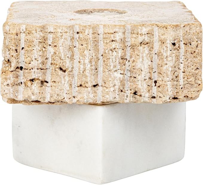 Bloomingville Decorative Marble and Travertine Candle Holder, White and Natural