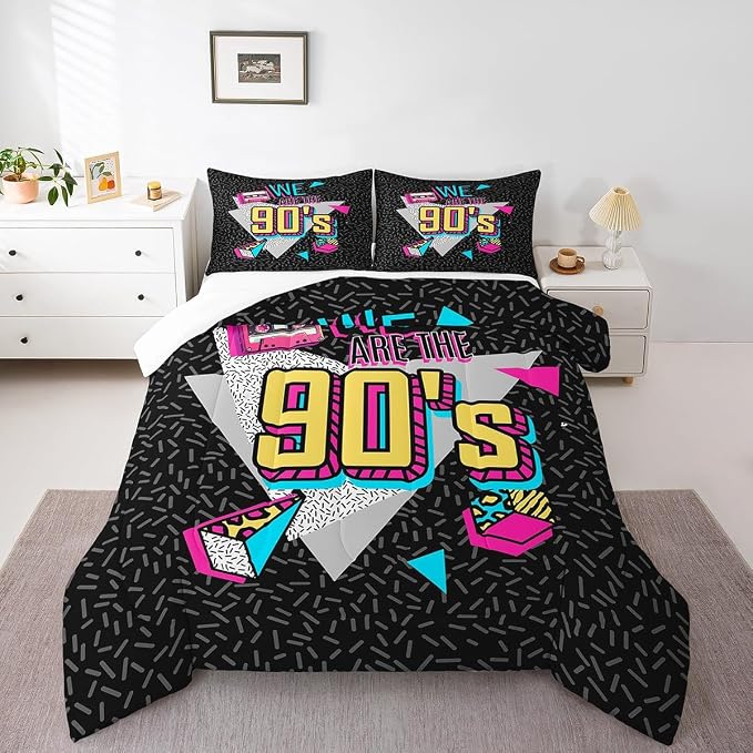 Manfei Memphis Comforter Set Full Size, Retro 90s Fashion Style Quilt Set with 2 Pillowcases, Geometric Triangle Diamond Bedding Set 3pcs for Kids Boys Room Decor Lightweight Duvet Insert