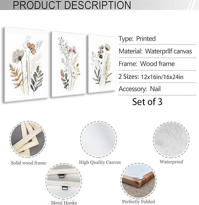 3Pcs Framed 12x16in Boho Flower Wall Art Wildflower Watercolor Canvas Minimalist Colorful Botanical Floral Painting Picture Wall Decor Posters Modern Print Artwork for Living Room Bedroom
