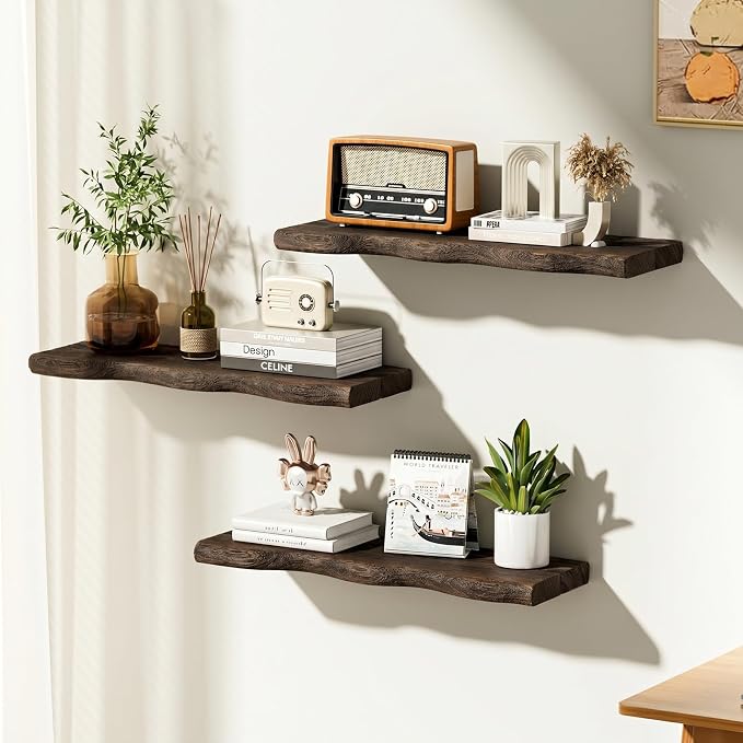 Solid Wood Live Edge Floating Shelves Set of 2 – 24" Rustic Wall Shelf with Hidden Bracket System, Wall Mounted Shelves for Bathroom, Kitchen, Living Room, Bedroom (Charcoal Brown)