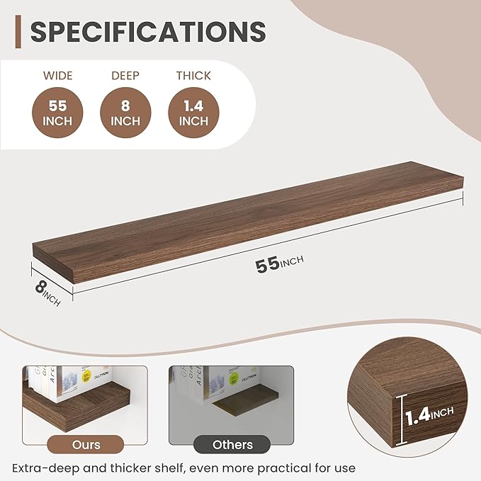 55 Inch Floating Shelves, 8 Inch Deep Floating Shelves for Wall, Hanging Shelf with Invisible Brackets, Deep Shelves for Bathroom, Bedroom, Living Room, Walnut, Set of 1