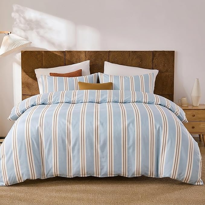 Merryword Striped Duvet Cover Set King Size - 100% Cotton Duvet Cover Set, Light Blue Ribbon Stripes Pattern Comforter Cover 3 Pieces, Soft Linen Like Bedding Set for All Seasons