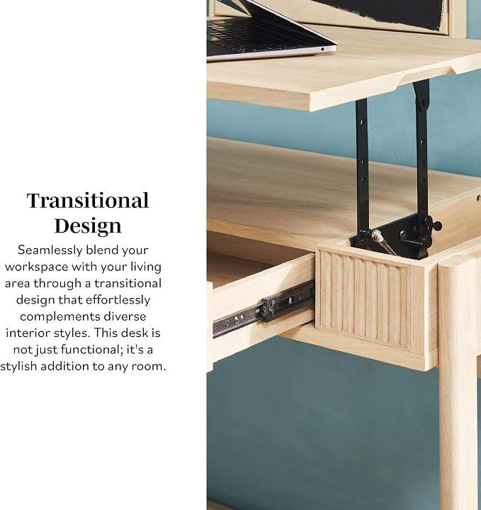 Walker Edison Transitional Style Furniture, Reeded Detail, Lift-Top Desk with Drawer and Storage Cubby, Sitting to Standing Desk, Soft Self-Close Desktop, 38 Inch, Coastal Oak