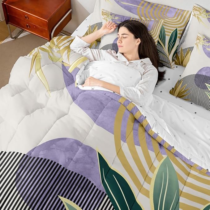 Erosebridal Mid Century Comforter Set Queen Abstract Bohemian Aesthetic 7 Pcs Bedding Sets,Minimalist Modern Boho Bed in a Bag Vintage Geometric Circle Line Quilt with Flat Fitted Sheet,Purple Gold