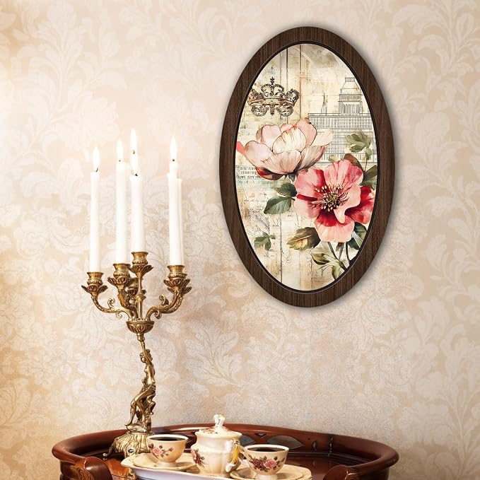 UYIKG Vintage Oval Framed Wall Art Decor,Farmhouse Floral Oval Wooden Wall Decor,Cottagecore Wooden Framed Decorations for Theme Room Home Bedroom Living Room Home Office 9x14.6 in