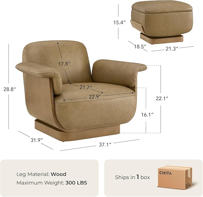 CHITA Genuine Leather Reclining Swivel Chair with Storage Ottoman, Modern Living Room Accent Chair with Lounge Seat for Bedroom, Office, Mocha