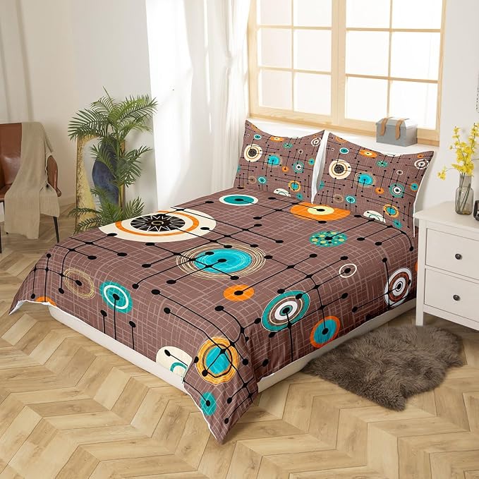 Erosebridal Geometric Grid Bedding Sets Twin Brown Minimalism Comforter Cover, Mid Century Bed Set Retro Atomic Duvet Cover, Rainbow Circles Black Lines Quilt Cover Abstract Room Decor