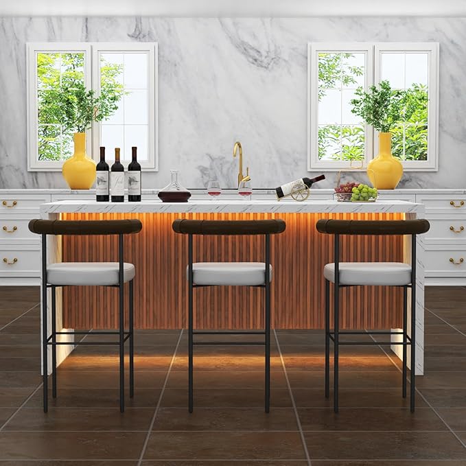 71" Large Imitation Marble Dining Table for 6-8 People, Island Table with LED Lights, Mordern Marble Stripes Kitchen Dining Table with Grille design for Dining Room, Home, Office, Living Room（white）