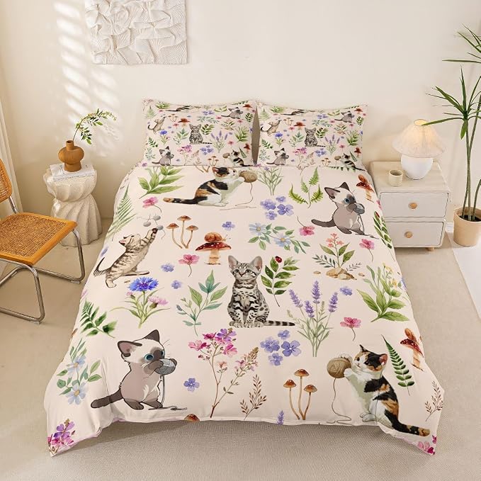 Erosebridal Cute Cat Comforter Cover King Kitten Cat Lovers Bedding Set Beige Boho Watercolor Floral Duvet Cover for Kids Girls Boys Adults Funny Pet Animal Bed Set