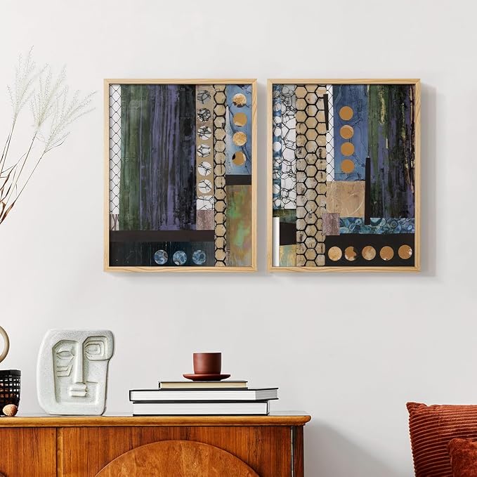 Renditions Gallery Set of 2 Peel & Stick Framed Prints, Geometric Abstract Wall Art, Hexagonal and Circular Pattern Wall Decor, Re-Stickable - Ready to Hang - 16"x20" - NATURAL WOOD Frame LT588