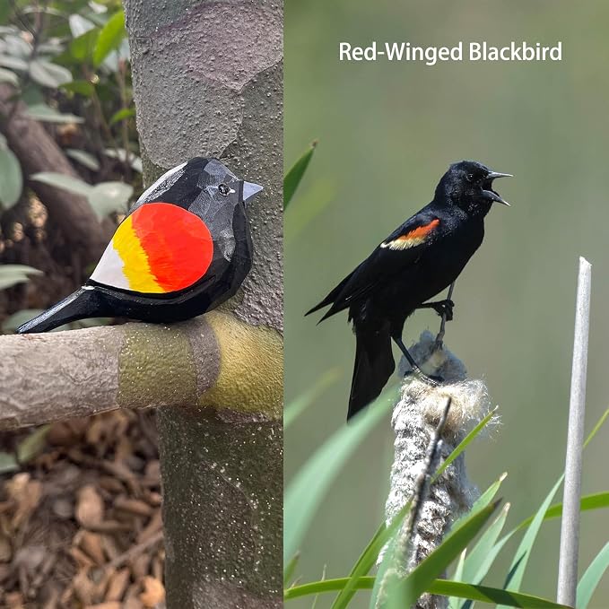 Hand Carved Bird Figurines, Hand-painted Sculpted Wooden Birds, Wood Bird Sculptures for Home Decoration, Hand Crafted Life Like Bird Statues, Ideal Gifts for Bird Lovers (Red-winged Blackbird)