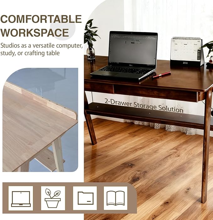 Mid-Century Modern 100% Solid Wood Writing Desk, 39" Rubberwood Home Office Computer Table & Workstation Desk with 2 Drawers, Lower Shelf & Side Hooks, 350 lbs Load, Laptop Desk