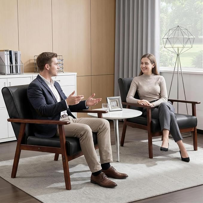 JIASTING Mid-Century Retro Modern Leather Accent Chair Set of 2 Wooden Arm Chair Upholstered Tufted Back Lounge Chairs for Office Living Room