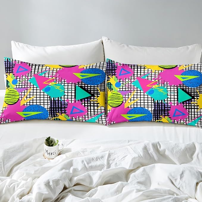 80s 90s Bedding Set Memphis Pattern Old Fashioned Comforter Cover King,Geometric Abstract Colorful Dots Funky Duvet Cover Retro Bed Set,Multicolor Cute Vintage Rainbow 80'S Style 1980S Home Decor