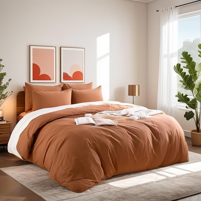 NEXHOME PRO Terracotta Burnt Orange Duvet Cover Set Queen Size Linen Textured Organic Natural 100% Washed Cotton Duvet Cover Caramel 3 Pieces Bedding Set with Zipper Closure Soft (No Comforter)