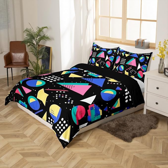Memphis Geometric Pattern Comforter Cover Set King Size,Retro Style Round Half Moon Triangle Shapes Artwork Duvet Cover Colorful Graphic 80s 90S Style Bedding Set Abstract 1990S Memphis Home Decor
