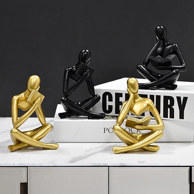 Gold Reading Women Statue, Thinker Sculptures, Abstract Art Ornament, Modern Aesthetic Figurine Decoration, Suitable for Home Living Room Bedroom Office Shelf Table Desk Bookshelf Decor (White Right)