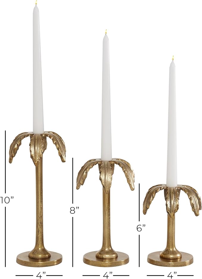 Deco 79 Aluminum Metal Decorative Candle Holder Palm Tree Candle Stand, Set of 3 Candlestick Holder 6", 8", 10"H, Gold