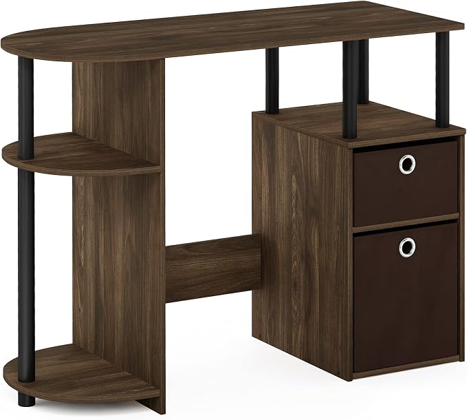 Furinno JAYA Desk, 38.4" Wide Gaming Desk with Bin Drawers, Computer Desk with Side Shelf, Office Desk for Study, Home Office, Bedroom, Dorm, Study Room, Columbia Walnut