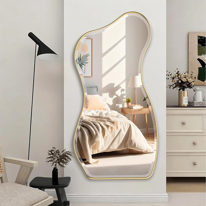 POZINO Irregular Beveled Mirror, 53"x25" Large Asymmetrical Aesthetic Wall Mirror with Gold Metal Frame, Organic Shape Floor Mirrors for Entryway Living Room Bedroom Hallway, Leaning/Wall-Mount