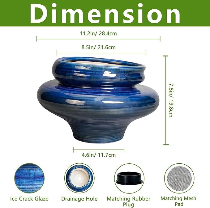 Ceramic Pots for Plants - 11 Inch Ceramic Planter for Indoor Outdoor, Unique Planters with Drainage Hole, Decorative Flower Pot, House Office Garden Decor, Plants Lover Gifts, Blue