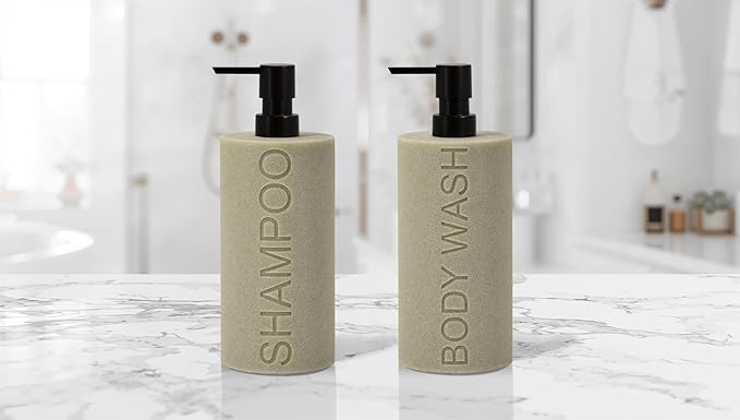 Resin 2 Pack Shampoo, Conditioner or Body Wash Dispenser Set, Luxurious Refillable Pump Bottles with Matte Pump Top and Embossed Text, Durable Design for Bathroom and Shower