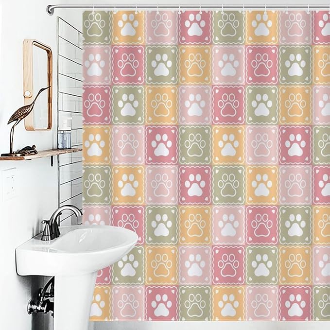 Paw Shower Curtain Cartoon Animal Colorful Checkered Footprints Pattern Duty Fabric Shower Curtains Set Bathroom Polyester Waterproof with 12 Hooks, 55x72Inch（140x183cm）