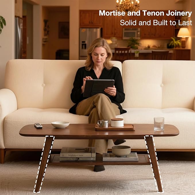Mid Century Modern Coffee Table: 100% Solid Wood Coffee Table - 2-Tier Storage Design - Space Saving Small Coffee Tables for Living Room, Apartment (Walnut, 31.49")