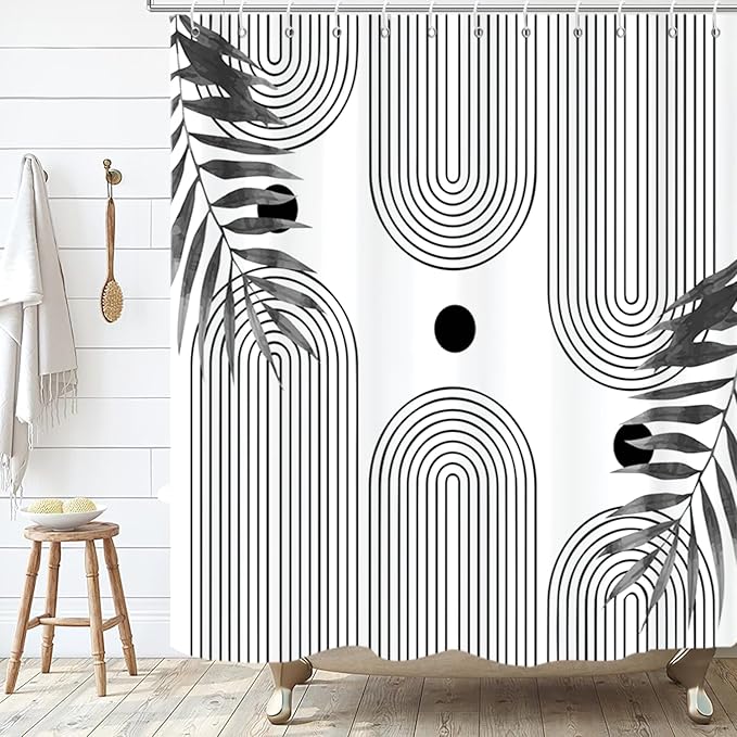 Boho Mid Century Modern Shower Curtain, Abstract Arch Leaf Minimalist Sun Black and White Machine Washable Waterproof Fabric for Bathroom Decor Bathtub with Hooks 72Wx84H