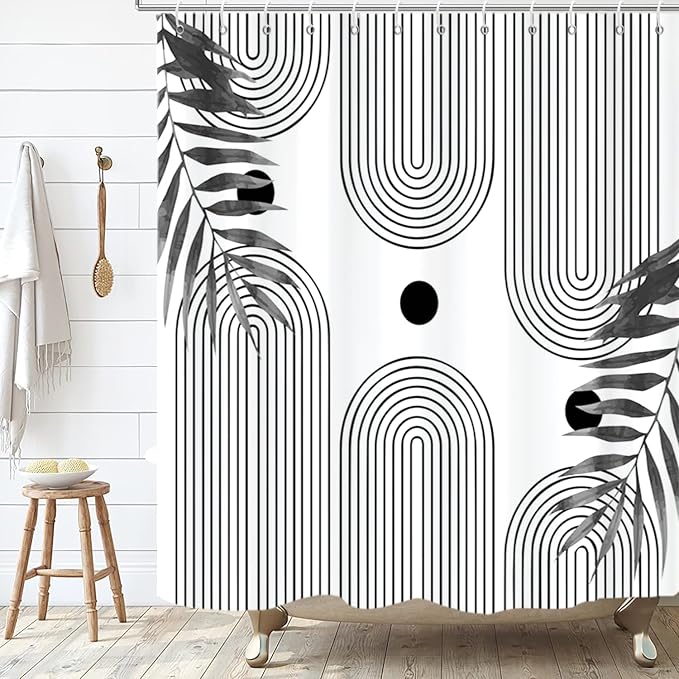 Boho Mid Century Modern Shower Curtain, Abstract Arch Leaf Minimalist Sun Black and White Machine Washable Waterproof for Bathroom Bathtub with Hooks 72x72