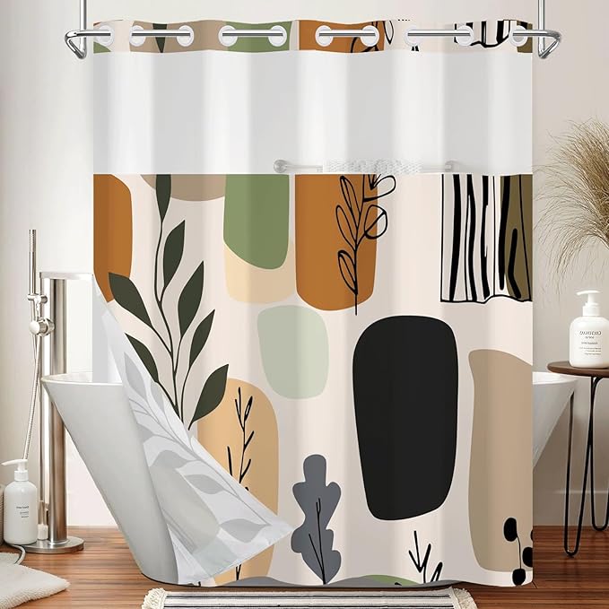 No Hook Shower Curtain and Snap in Liner Set - Modern Abstract Botanical Geometric Pattern Shower Curtains for Boho Mid-Century Bathroom, Waterproof Bath Tub Curtain with Mesh Top, 71Wx74H