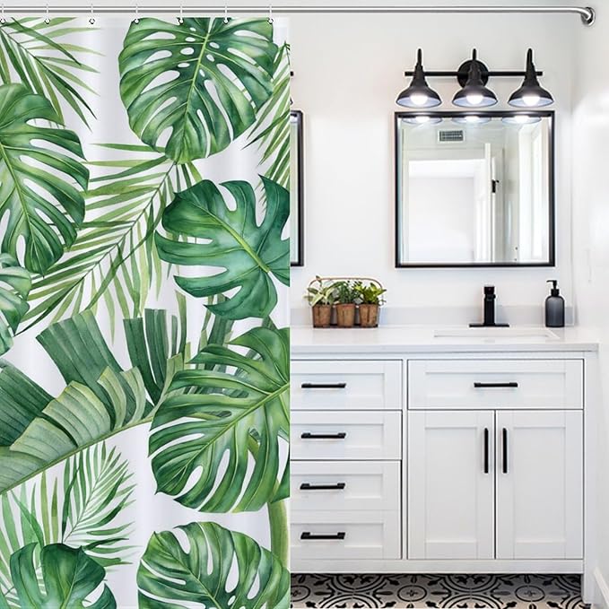 Tropical Leaves Shower Curtain,Mid Century Green Palm Banana Leaf Plant Botanical Shower Curtains for Bathroom Waterproof Polyester Fabric Bathroom Curtain,72x78Inch