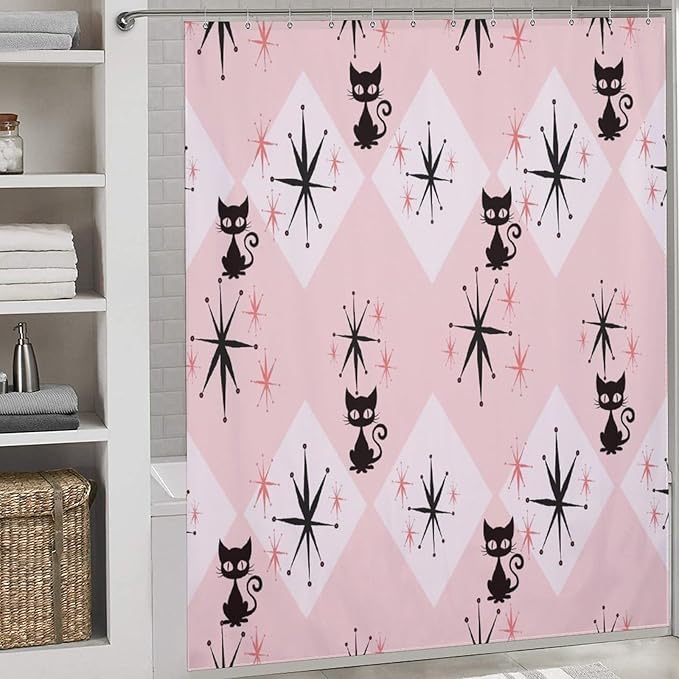 Mid Century Modern Shower Curtain,Pink Retro Atomic Cat Abstract Geometric 1960s Fabric Bathroom Decor Curtains with Hooks 72x72in（183x183cm）