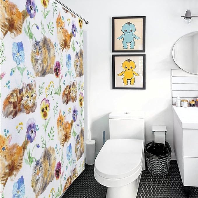 Cat Shower Curtain,Cute Cartoon Colorful Pets Paw Bathroom Curtain Polyester Waterproof Fabric Decor 66x72in（168x183cm）