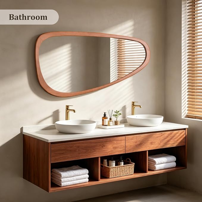 HOMECOOKIN 48" H x 22" W Asymmetrical Mirror, Irregular Wooden Wall Mirror for Bedroom, Living Room,Entryway– Boho Mid-Century Modern Decorative Mirror, Solid Wood Frame, Pebble Shaped Design (Walnut)